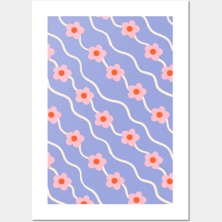 Wavy ditsy floral pattern in pastel blue and pink Posters and Art